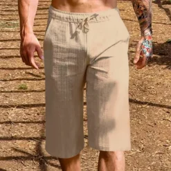 Men's Linen Shorts Summer Shorts Capri Pants Drawstring Elastic Waist Plain Comfort Breathable Outdoor Daily Going out Linen / Cotton Blend Fashion Casual Black White