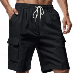Men's Linen Shorts Summer Shorts Beach Shorts Pocket Drawstring Elastic Waist Plain Comfort Breathable Short Vacation Holiday Beach Hawaiian Boho Black White
