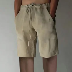 Men's Linen Shorts Summer Shorts Drawstring Elastic Waist Front Pocket Plain Comfort Soft Knee Length Casual Daily Fashion Classic Style Black White