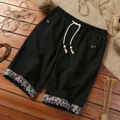 Men's Linen Shorts Summer Shorts Crop Patchwork Drawstring Elastic Waist Plain Comfort Breathable Outdoor Daily Going out Fashion Casual Black White