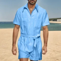 Men's Linen Shorts Summer Shorts Jumpsuit Pocket With Belt Plain Comfort Short Sports Outdoor Daily Holiday Fashion Designer White Blue