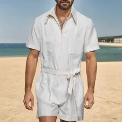 Men's Linen Shorts Summer Shorts Jumpsuit Pocket With Belt Plain Comfort Short Sports Outdoor Daily Holiday Fashion Designer White Blue