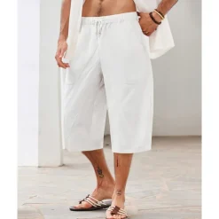 Men's Linen Shorts Summer Shorts Beach Shorts Pocket Drawstring Elastic Waist Plain Comfort Breathable Calf-Length Holiday Vacation Beach Hawaiian Boho Dark Khaki Black