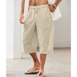 Men's Linen Shorts Summer Shorts Beach Shorts Pocket Drawstring Elastic Waist Plain Comfort Breathable Calf-Length Holiday Vacation Beach Hawaiian Boho Dark Khaki Black