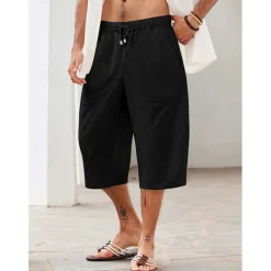 Men's Linen Shorts Summer Shorts Beach Shorts Pocket Drawstring Elastic Waist Plain Comfort Breathable Calf-Length Holiday Vacation Beach Hawaiian Boho Dark Khaki Black