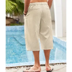 Men's Linen Shorts Summer Shorts Beach Shorts Pocket Drawstring Elastic Waist Plain Comfort Breathable Calf-Length Holiday Vacation Beach Hawaiian Boho Dark Khaki Black
