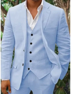 Men's Linen Suits Beach Wedding Summer Suits Solid Colored 3 Piece Tailored Fit Single Breasted Two-buttons Beige Sky Blue White