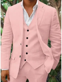 Men's Linen Suits Beach Wedding Summer Suits Solid Colored 3 Piece Tailored Fit Single Breasted Two-buttons Beige Sky Blue White