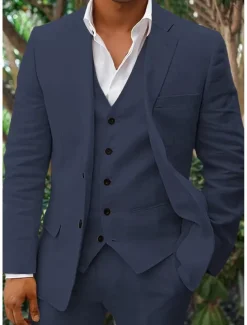 Men's Linen Suits Beach Wedding Summer Suits Solid Colored 3 Piece Tailored Fit Single Breasted Two-buttons Beige Sky Blue White