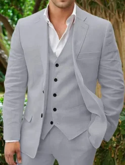 Men's Linen Suits Beach Wedding Summer Suits Solid Colored 3 Piece Tailored Fit Single Breasted Two-buttons Beige Sky Blue White
