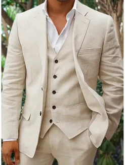Men's Linen Suits Beach Wedding Summer Suits Solid Colored 3 Piece Tailored Fit Single Breasted Two-buttons Beige Sky Blue White