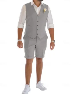 Men's Linen Suits Wedding Shorts Waistcoat Beach Summer Solid Formal Light Blue Sky Blue Dark Navy Colored Causal 2 Piece Tailored Fit