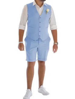 Men's Linen Suits Wedding Shorts Waistcoat Beach Summer Solid Formal Light Blue Sky Blue Dark Navy Colored Causal 2 Piece Tailored Fit