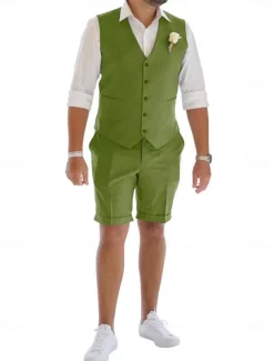 Men's Linen Suits Wedding Shorts Waistcoat Beach Summer Solid Formal Light Blue Sky Blue Dark Navy Colored Causal 2 Piece Tailored Fit