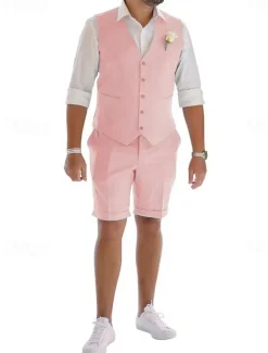 Men's Linen Suits Wedding Shorts Waistcoat Beach Summer Solid Formal Light Blue Sky Blue Dark Navy Colored Causal 2 Piece Tailored Fit