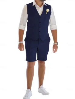 Men's Linen Suits Wedding Shorts Waistcoat Beach Summer Solid Formal Light Blue Sky Blue Dark Navy Colored Causal 2 Piece Tailored Fit