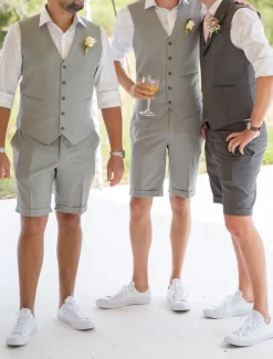 Men's Linen Suits Wedding Shorts Waistcoat Beach Summer Solid Formal Light Blue Sky Blue Dark Navy Colored Causal 2 Piece Tailored Fit