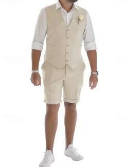 Men's Linen Suits Wedding Shorts Waistcoat Beach Summer Solid Formal Light Blue Sky Blue Dark Navy Colored Causal 2 Piece Tailored Fit