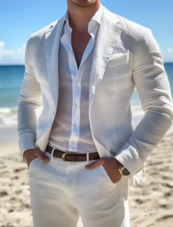 Men's Linen Suits White Summer Wedding Lightweight Casual Solid Colored Standard Fit 2 Piece Single Breasted One-button