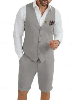 Men's Linen Waistcoat Suits Wedding Shorts Vest Summer Solid Formal Light Blue Sky Blue Dark Navy Colored Causal 2 Piece Tailored Fit