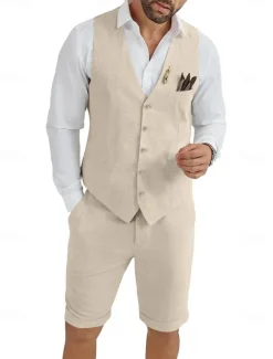 Men's Linen Waistcoat Suits Wedding Shorts Vest Summer Solid Formal Light Blue Sky Blue Dark Navy Colored Causal 2 Piece Tailored Fit