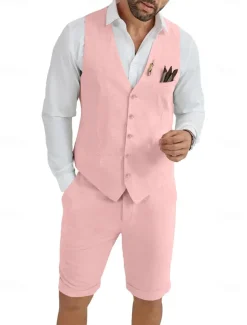 Men's Linen Waistcoat Suits Wedding Shorts Vest Summer Solid Formal Light Blue Sky Blue Dark Navy Colored Causal 2 Piece Tailored Fit