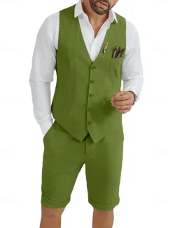 Men's Linen Waistcoat Suits Wedding Shorts Vest Summer Solid Formal Light Blue Sky Blue Dark Navy Colored Causal 2 Piece Tailored Fit