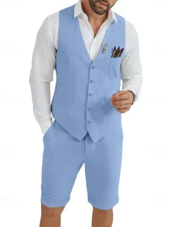 Men's Linen Waistcoat Suits Wedding Shorts Vest Summer Solid Formal Light Blue Sky Blue Dark Navy Colored Causal 2 Piece Tailored Fit