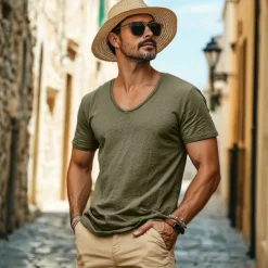 Men's Linen-like T Shirt Moisture Wicking Shirts Plain V Neck Street Causal Short Sleeve V Neck Vintage Clothing Apparel Retro Basic Casual Comfortable