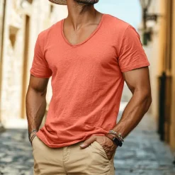 Men's Linen-like T Shirt Moisture Wicking Shirts Plain V Neck Street Causal Short Sleeve V Neck Vintage Clothing Apparel Retro Basic Casual Comfortable