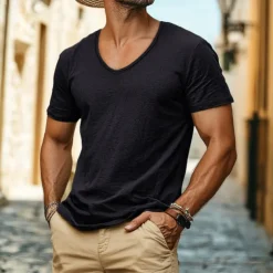 Men's Linen-like T Shirt Moisture Wicking Shirts Plain V Neck Street Causal Short Sleeve V Neck Vintage Clothing Apparel Retro Basic Casual Comfortable