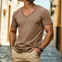 Men's Linen-like T Shirt Moisture Wicking Shirts Plain V Neck Street Causal Short Sleeve V Neck Vintage Clothing Apparel Retro Basic Casual Comfortable