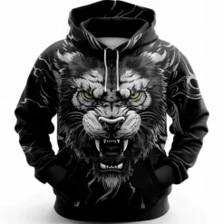 Men's Lion Hoodies Sweatshirt Fashion Cool Long Sleeve Crew Neck Party Holiday Streetwear Black Drawstring Fall Winter Designer