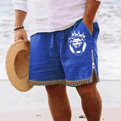 Men's Lion Shorts Summer Shorts Beach Shorts Mid Waist Hawaiian Casual Daily Holiday Going out Zipper Drawstring Elastic Waist Designer Clothing Apparel