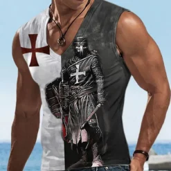 Men's Lion Templar Cross Graphic Prints Cross Tank Top Sleeveless T Shirt for Men Sleeveless T shirt 3D Print V Neck Shirt Basic Classic Casual Daily Sports Going out Black+White Gray Summer Clothing
