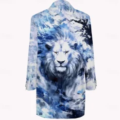 Men's Lion Winter Coat Fleece Jacket Overcoat Thermal Comfortable Artistic Casual Outdoor Party Evening Wear Daily Wear Buttons 3D Print Front Pocket Winter Turndown Long Sleeve Blue