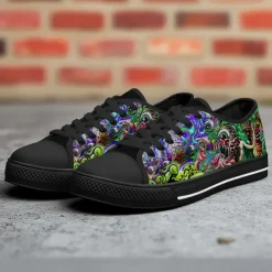 Men's Low Top Canvas Sneakers – Colorful Abstract Graffiti Print, Lace-Up Casual Skate Shoes, Stylish Streetwear & Everyday Footwear