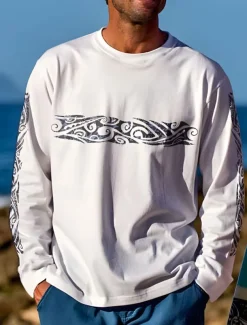 Men's Maori T shirt Long Sleeve T shirt 3D Print Crew Neck Shirt Vacation Tropical Daily Casual Hawaiian Holiday White Summer Spring Fall Clothing Apparel S M L XL XXL XXXL