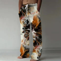 Men's Marble Abstract Liquid Art Trousers Baggy Pants Casual Pants Mid Waist Casual Outdoor Vacation Drawstring Side Pockets Elastic Waist Summer Spring 3D Print Black Blue Brown