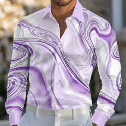 Men's Marble Abstract Liquid Art Shirt Satin Shirt Dress Shirt Long Sleeve Fashion Casual Vacation Dailywear Summer Spring Fall Turndown 3D Print Button Up Shirts Purple Khaki Light Blue