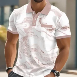 Men's Marble Polo Short Sleeve Polo Shirts Collared Shirts Business Casual Outdoor Athleisure Daily Wear 3D Print Buttons Summer Light Pink Light Green Light Brown