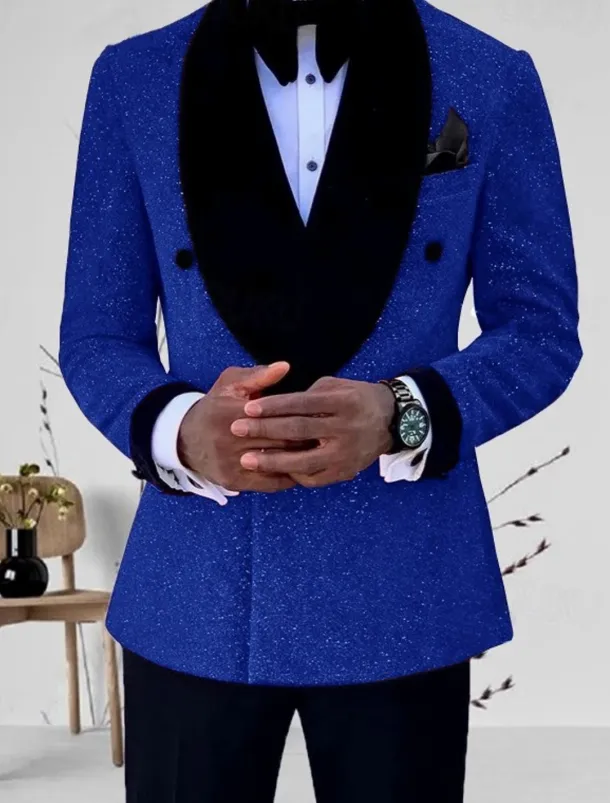 Men's Mardi Gras Sparkly Suits Shawl Collar Silver Black Solid Colored Tailored Fit 2 Piece Single Breasted One-button
