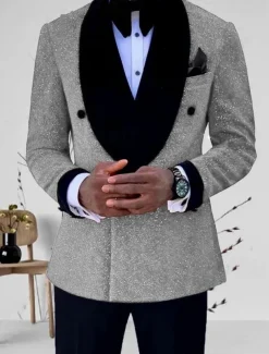Men's Mardi Gras Sparkly Suits Shawl Collar Silver Black Solid Colored Tailored Fit 2 Piece Single Breasted One-button