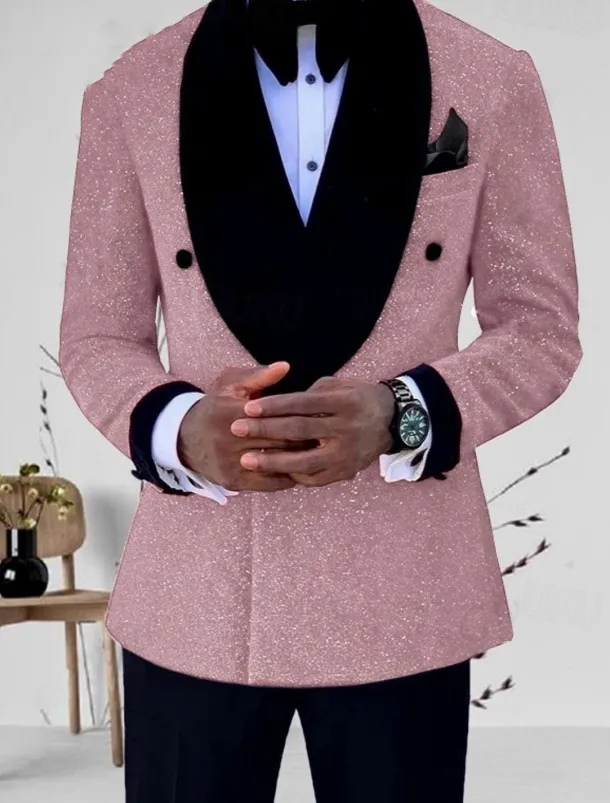 Men's Mardi Gras Sparkly Suits Shawl Collar Silver Black Solid Colored Tailored Fit 2 Piece Single Breasted One-button