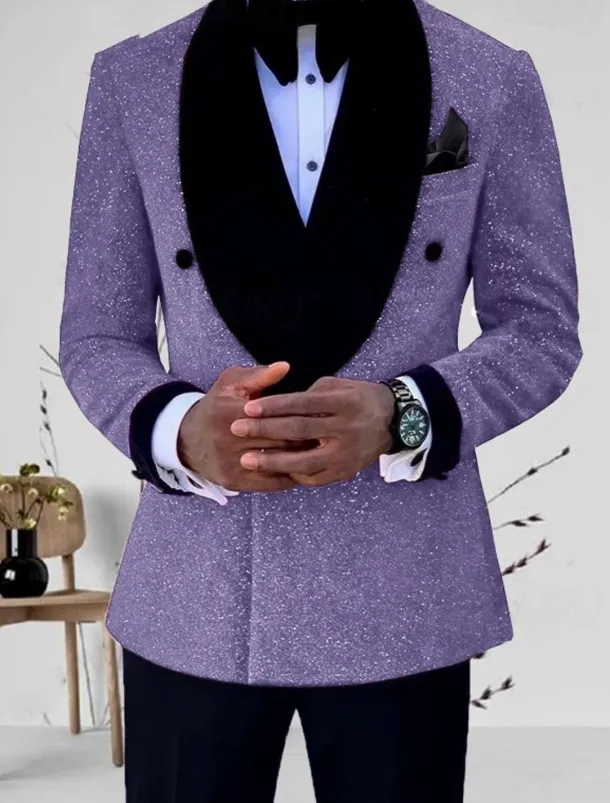 Men's Mardi Gras Sparkly Suits Shawl Collar Silver Black Solid Colored Tailored Fit 2 Piece Single Breasted One-button