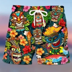 Men's Mask Flower / Plants Swimming Trunks Board Shorts Swim Shorts Mid Waist Hawaiian Ethnic Boho Casual Daily Holiday Drawstring with Mesh lining Elastic Waist Designer Clothing Apparel