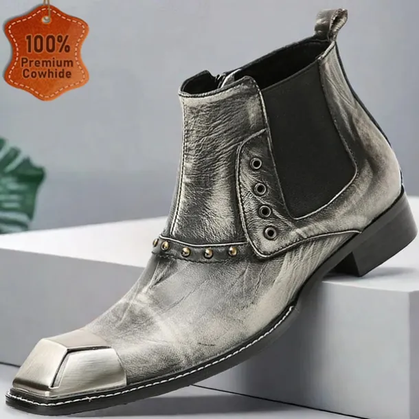 Men's Metallic Silver Leather Chelsea Motorcycle Boots – Pointed Toe Ankle Boots with Studded Detailing and Metal Toe Cap