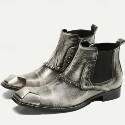 Men's Metallic Silver Leather Chelsea Motorcycle Boots – Pointed Toe Ankle Boots with Studded Detailing and Metal Toe Cap