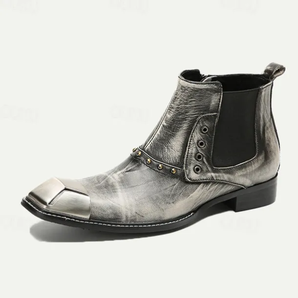 Men's Metallic Silver Leather Chelsea Motorcycle Boots – Pointed Toe Ankle Boots with Studded Detailing and Metal Toe Cap