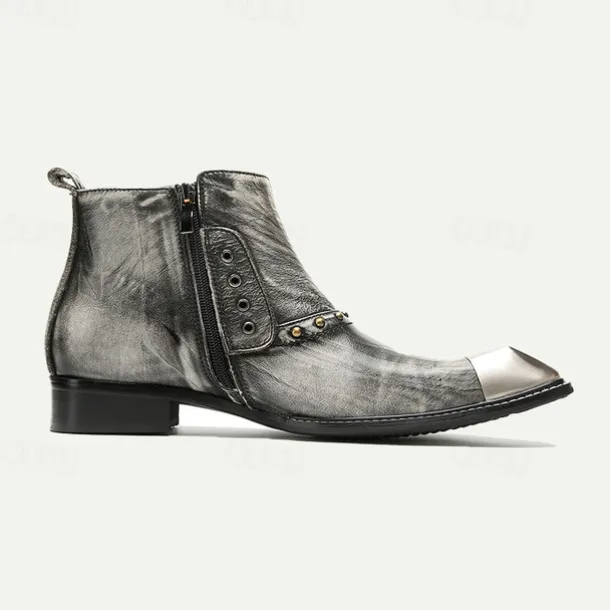 Men's Metallic Silver Leather Chelsea Motorcycle Boots – Pointed Toe Ankle Boots with Studded Detailing and Metal Toe Cap